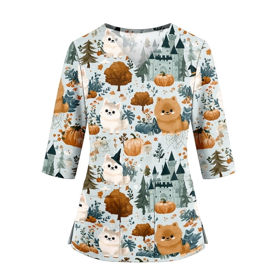 KLHDSF Womens Halloween Scrub Top With 2 Pockets Cartoon Print V Neck 3/4 Sleeve T-shirt Side Slit Casual Fall Daily Workwear Dark Green L