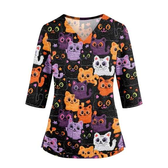 KLHDSF Womens Halloween Scrub Top With 2 Pockets Cartoon Print V Neck 3/4 Sleeve T-shirt Side Slit Casual Fall Daily Workwear Dark Purple XXL
