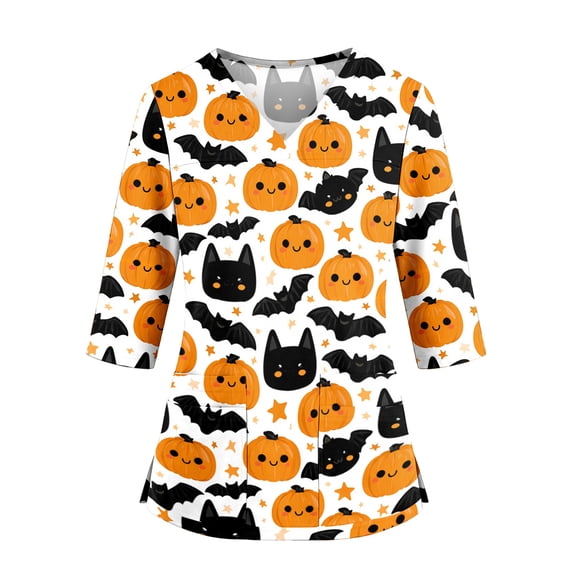 KLHDSF Womens Halloween Scrub Top With 2 Pockets Cartoon Print V Neck 3/4 Sleeve T-shirt Side Slit Casual Fall Daily Workwear Yellow L