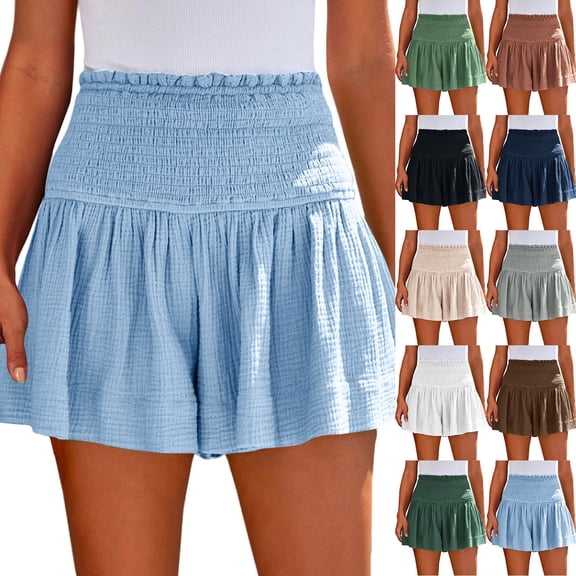 KLHDSF Womens High Waisted Cotton Linen Wide Leg Shorts Solid Color Breathable Casual Summer Dark GreenXL