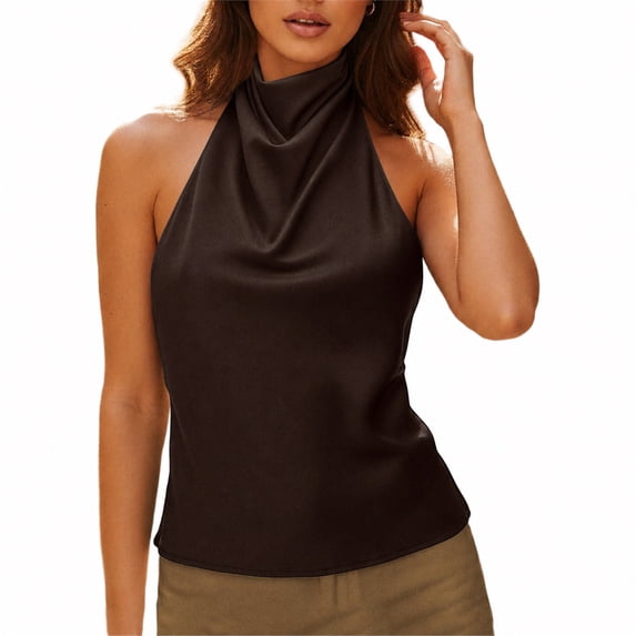 KLHDSF Womens Silky Satin Halter Backless Cami Top Slim Fit Summer Party Tank Top Brown S