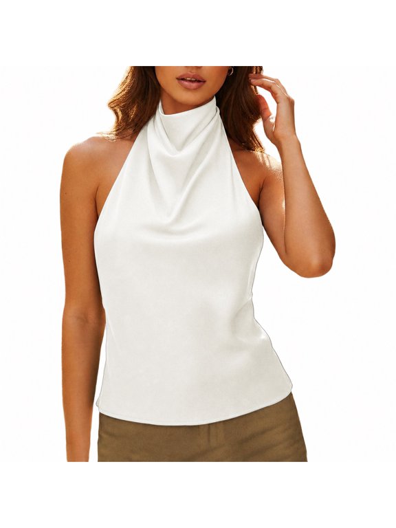 Womens Silky Satin Halter Backless Cami Top Slim Fit Summer Party Tank Top White S