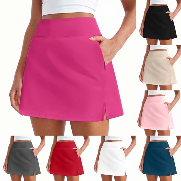 KLHDSF Womens Solid Color Sport Skirt with Inner Pockets and Shorts Yoga Tennis Activewear GrayM