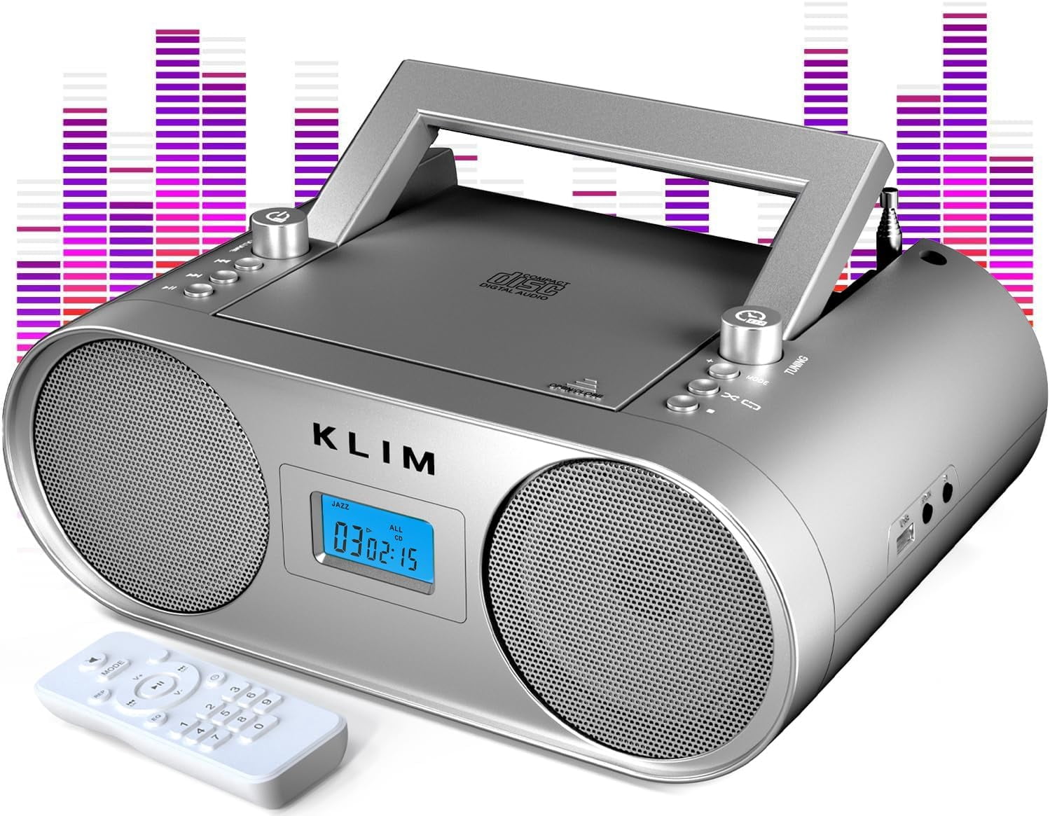 KLIM Boombox B4 CD Player Portable Audio System + AM/FM Radio, MP3, Bluetooth, AUX, USB + Wired & Wireless Mode, Rechargeable Battery + Remote Control, Autosleep, Digital EQ, Silver