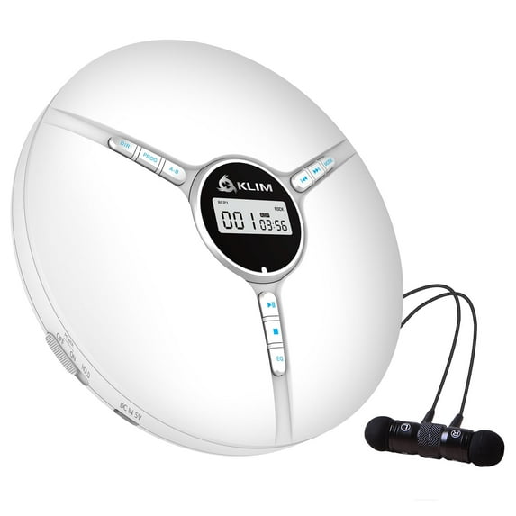 KLIM Discman - Portable CD Player with Built-in Battery, Includes KLIM Fusion Earphones. Compact Mini CD Players, Personal, Compatible with CD-R, CD-RW, and MP3. CD Walkman. 2022 New - White