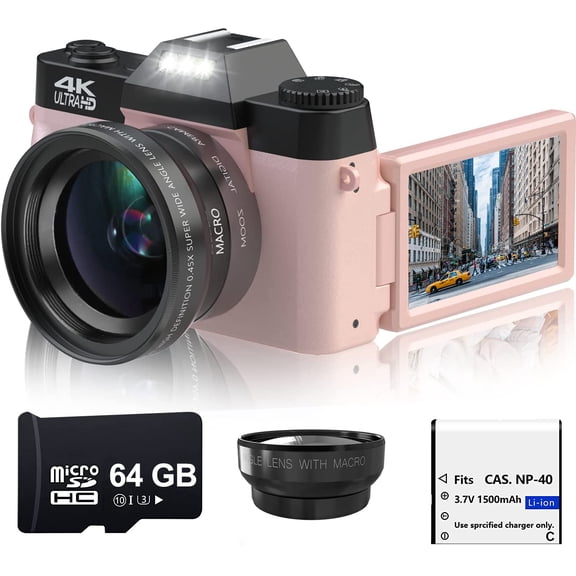 KLIOMAX 4K 56MP Digital Camera for Photography, Vlogging Camera for YouTube with 3.0’’ 180° Flip Screen, WiFi, 16X Digital Zoom, Wide Angle & Macro Lens, Rechargeable Battery, 64GB Micro SD Card (Pink
