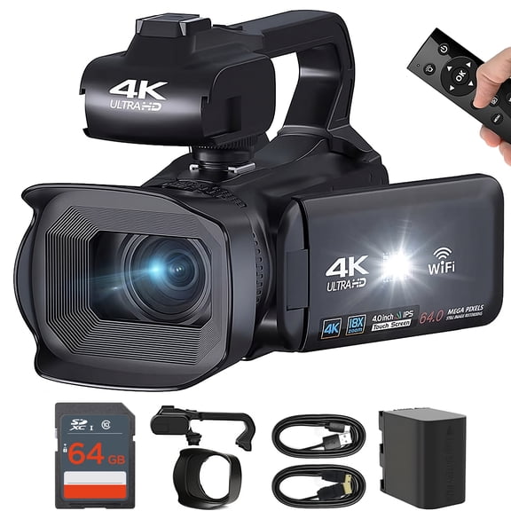 KLIOMAX 4K HD 64MP Video Camera Camcorder for Youtube 60FPS WiFi Vlogging 18X Digital Camera With, Battery, Built in Mic, LED Light, Webcam, Stabilizer Grip, 64GB SD Card, Remote Control, Card Reader