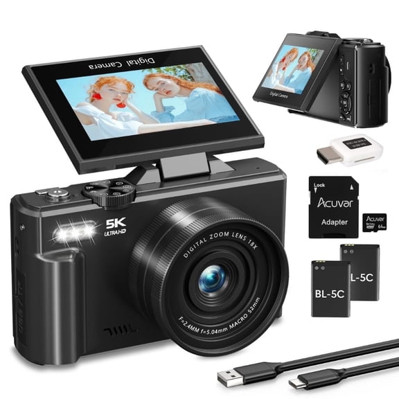 KLIOMAX 5K 75MP Digital Camera with WiFi, Autofocus, 3" Flip Screen & 18X Zoom  Compact Vlogging Camera for Photography & Video, Starter Kit (Black)