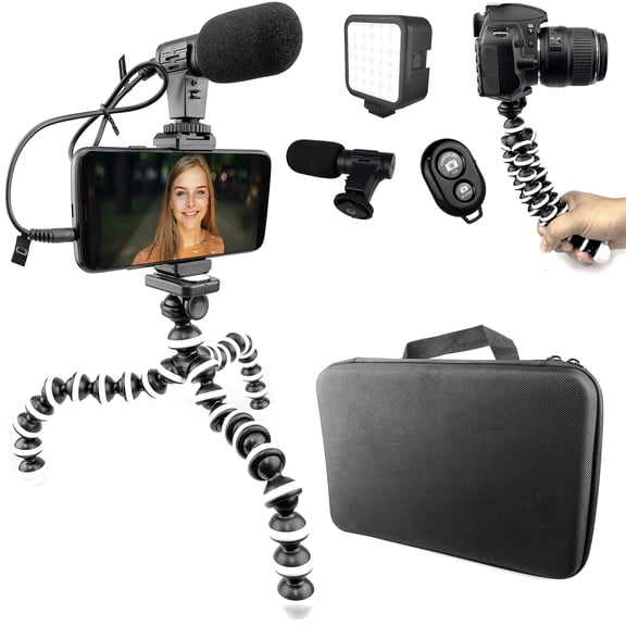 KLIOMAX Flexible Tripod Vlogging Kit for All iPhone/Android Smartphones w/LED Light, Phone Holder Mount, Microphone, Bluetooth Remote, Hard Case for Live Stream, Video Calls, Vlogging, YouTube, Instag
