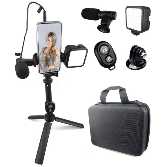 KLIOMAX Selfie Stick Tripod Vlogging Kit for All Smartphones iPhone, Android w/LED Light, Rotating Phone Holder, Microphone, Bluetooth Remote, Hard Case for Live Stream, YouTube, Instagram TikTok