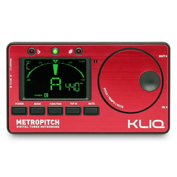 kliq metropitch metronome tuner for all instruments with guitar, bass, violin, ukulele and chromatic tuning modes, red