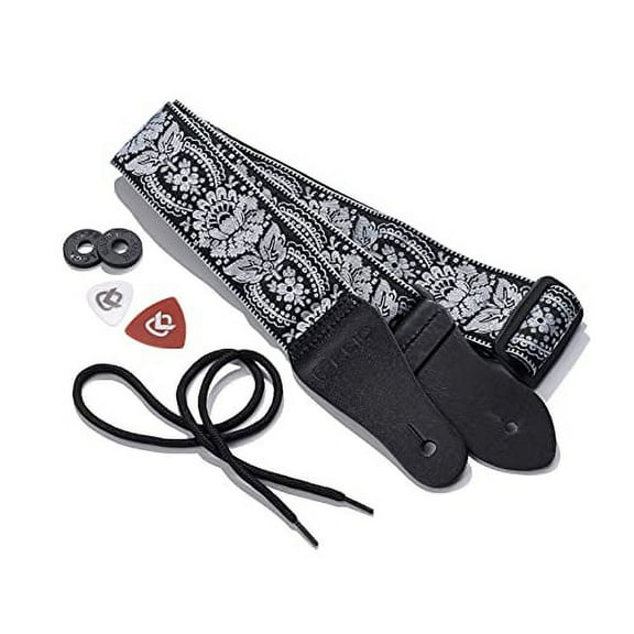 KLIQ Vintage Woven Guitar Strap for Acoustic & Electric Guitars + 2 Free Rubber Strap Locks, 2 Free Guitar Picks & 1 Free Lace | '60s Jacquard Weave Hootenanny Style | Black & Silver Sunburst Flower
