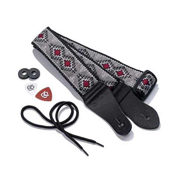 KLIQ Vintage Woven Guitar Strap for Acoustic and Electric Guitars + 2 Free Rubber Strap Locks, 2 Free Guitar Picks and 1 Free Lace | '60s Jacquard Weave Hootenanny Style |Gray/Wine