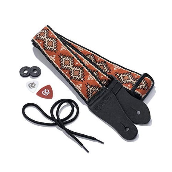 KLIQ Vintage Woven Guitar Strap for Acoustic and Electric Guitars + 2 Free Rubber Strap Locks, 2 Free Guitar Picks and 1 Free Lace | '60s Jacquard Weave Hootenanny Style |Sienna/Tan