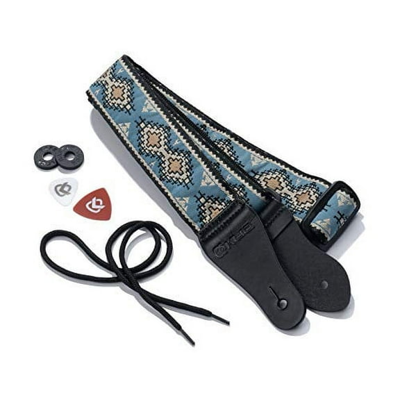 KLIQ Vintage Woven Guitar Strap for Acoustic and Electric Guitars + 2 Free Rubber Strap Locks, 2 Free Guitar Picks and 1 Free Lace | '60s Jacquard Weave Hootenanny Style | Blue/Tan