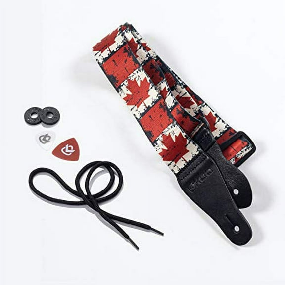 KLIQ Vintage Woven Guitar Strap for Acoustic and Electric Guitars + 2 Free Rubber Strap Locks, 2 Free Guitar Picks and 1 Free Lace | Terylene Printed Pattern Style | Maple Leaf Flag