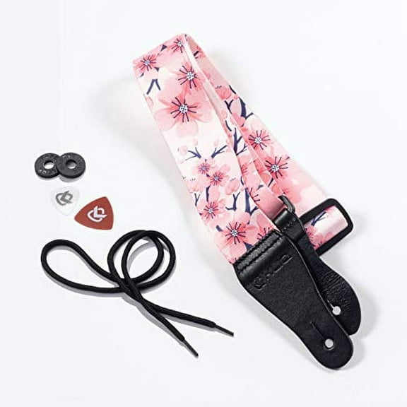 KLIQ Vintage Woven Guitar Strap for Acoustic and Electric Guitars + 2 Free Rubber Strap Locks, 2 Free Guitar Picks and 1 Free Lace | Terylene Printed Pattern Style | Pink Flowers