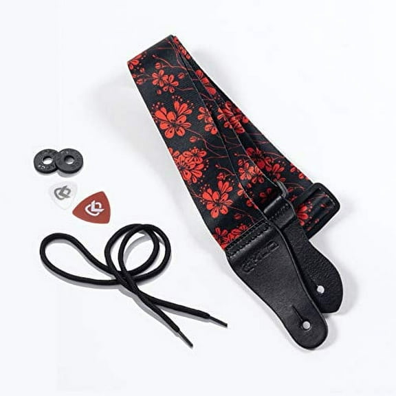 KLIQ Vintage Woven Guitar Strap for Acoustic and Electric Guitars + 2 Free Rubber Strap Locks, 2 Free Guitar Picks and 1 Free Lace | Terylene Printed Pattern Style | Red Flowers