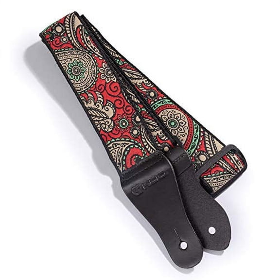 KLIQ Vintage Woven Guitar Strap for Acoustic and Electric Guitars | '60s Jacquard Weave Hootenanny Style | 2 Rubber Strap Locks Included (Red & Turquoise Paisley)