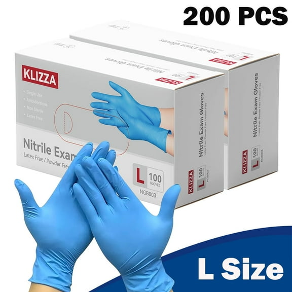 KLIZZA 200PCS Blue Nitrile Disposable Gloves 4.5Mil Latex-Free and Powder-Free, Safe for Food Processing, Beauty Salons, Medical Care, and Household Cleaning (L Size)