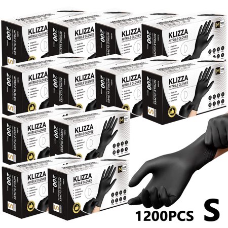 KLIZZA 5 Mil Black Nitrile Disposable Gloves, 1200 Count, Latex & Powder Free, FDA Food-Grade, Textured Grip for Cooking, Tattoo, Auto Repair & More (S Size)