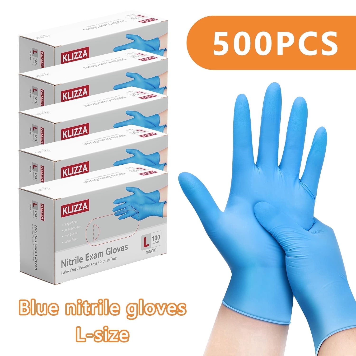 KLIZZA 500PCS Blue Nitrile Disposable Gloves 5Mil Latex-Free and Powder-Free, Safe for Food Processing, Beauty Salons, Medical Care, and Household Cleaning (L Size)