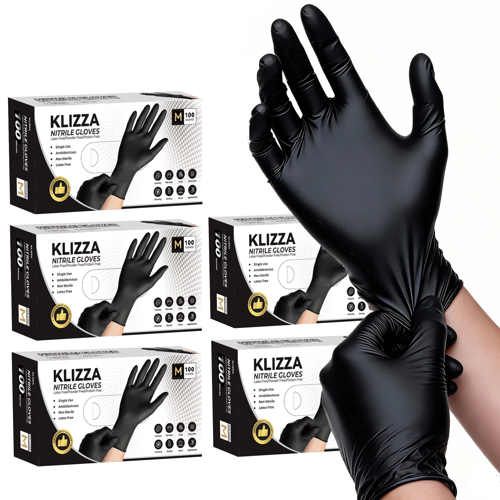 KLIZZA Black Nitrile Disposable Gloves 500 Count, 5 Mil Latex-Free and Powder-Free, Safe for Food Processing, Kitchen, Cooking, Tattoo, Auto Repair & Maintenance (M Size)