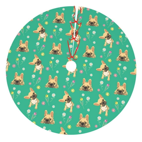 KLL 30" Christmas Tree Skirt Bulldog Puppy Flower Xmas Tree Skirts Mat for New Year Xmas Holiday Party Indoor Outdoor Home Decoration