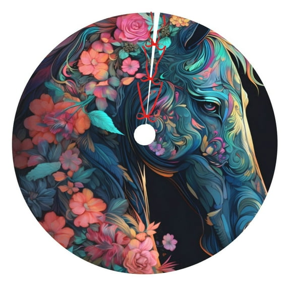 KLL 30" Christmas Tree Skirt Colorful Floral Patterned Horse Xmas Tree Skirts Mat for New Year Xmas Holiday Party Indoor Outdoor Home Decoration