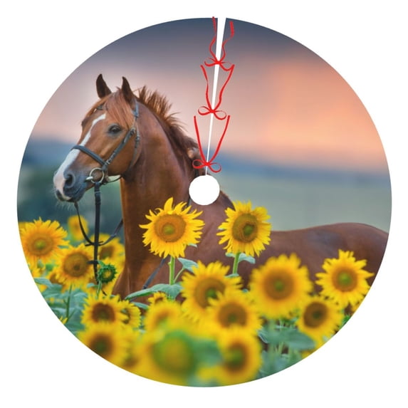 KLL 30" Christmas Tree Skirt Horse Sunflowers Xmas Tree Skirts Mat for New Year Xmas Holiday Party Indoor Outdoor Home Decoration