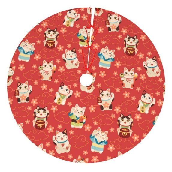 KLL 30" Christmas Tree Skirt Japanese Maneki Cats Xmas Tree Skirts Mat for New Year Xmas Holiday Party Indoor Outdoor Home Decoration