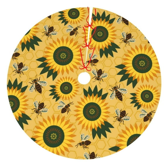 KLL 36" Christmas Tree Skirt Bees and Sunflowers Xmas Tree Skirts Mat for New Year Xmas Holiday Party Indoor Outdoor Home Decoration