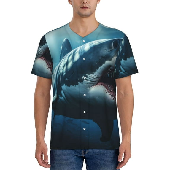 KLL 3D Realistic Shark for Men's Baseball Shirts,Short Sleeve Casual Shirts Button Down Shirt for Men Beach Summer Wedding Shirt-Large