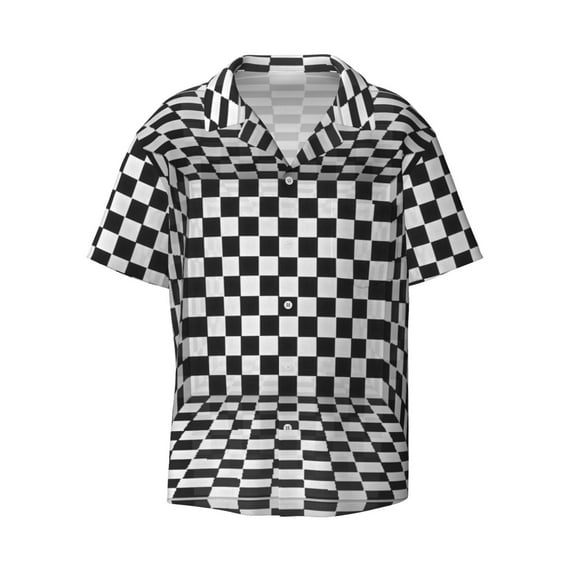 KLL 3d Black and White Chessboard Print Men's Shirt Short Sleeve Button Down Summer Cuba Beach Shirts- XX-Large