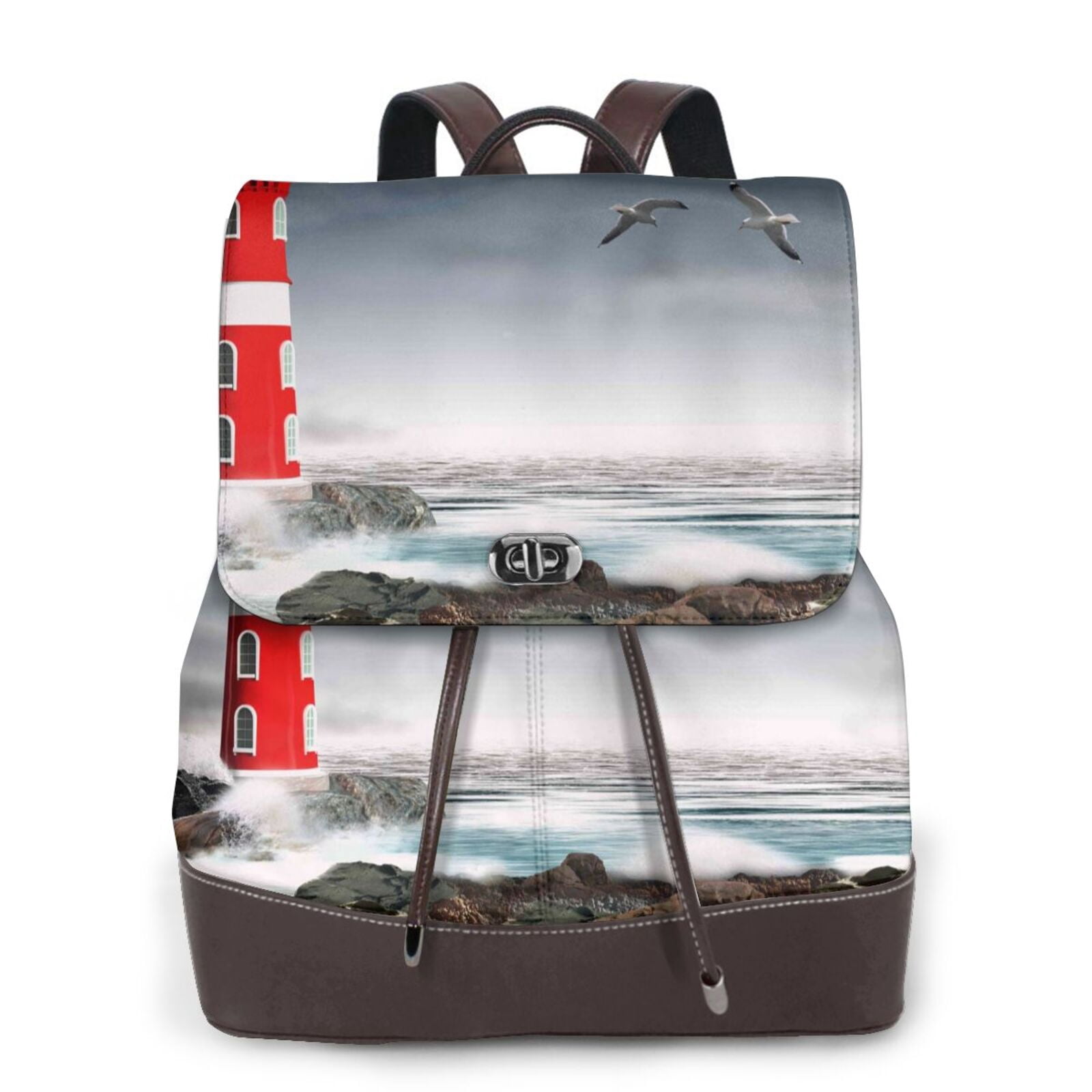KLL 3d Lighthouse in the Surf Print Leather Backpack,PU Leather Laptop ...