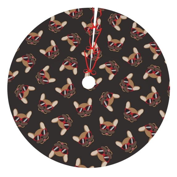 KLL 48" Christmas Tree Skirt Bulldog with Sunglasses Xmas Tree Skirts Mat for New Year Xmas Holiday Party Indoor Outdoor Home Decoration
