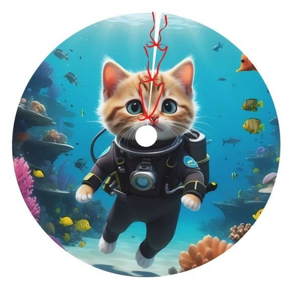 KLL 48" Christmas Tree Skirt Underwater Diving Cat Xmas Tree Skirts Mat for New Year Xmas Holiday Party Indoor Outdoor Home Decoration