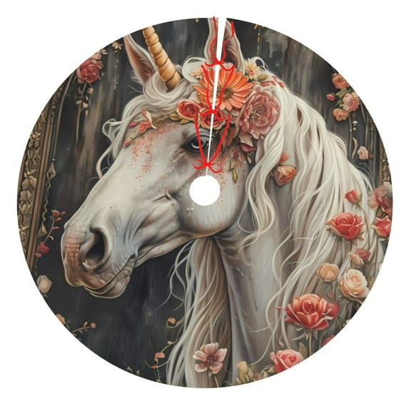 KLL 48" Christmas Tree Skirt Vintage Floral White Horse Xmas Tree Skirts Mat for New Year Xmas Holiday Party Indoor Outdoor Home Decoration