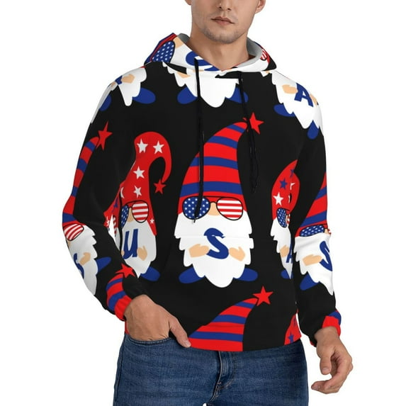 KLL 4th of July Gnomes Print Mens Hoodie Long Sleeve Casual Pullover Hooded Sweatshirt Fashion Drawstring Hoodies with Pocket-Medium