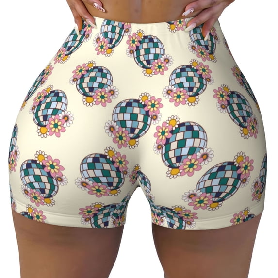 KLL 70s Disco Ball Pattern Workout Shorts for Women Scrunch Short Gym Yoga Running Sport Active Exercise Fitness Shorts