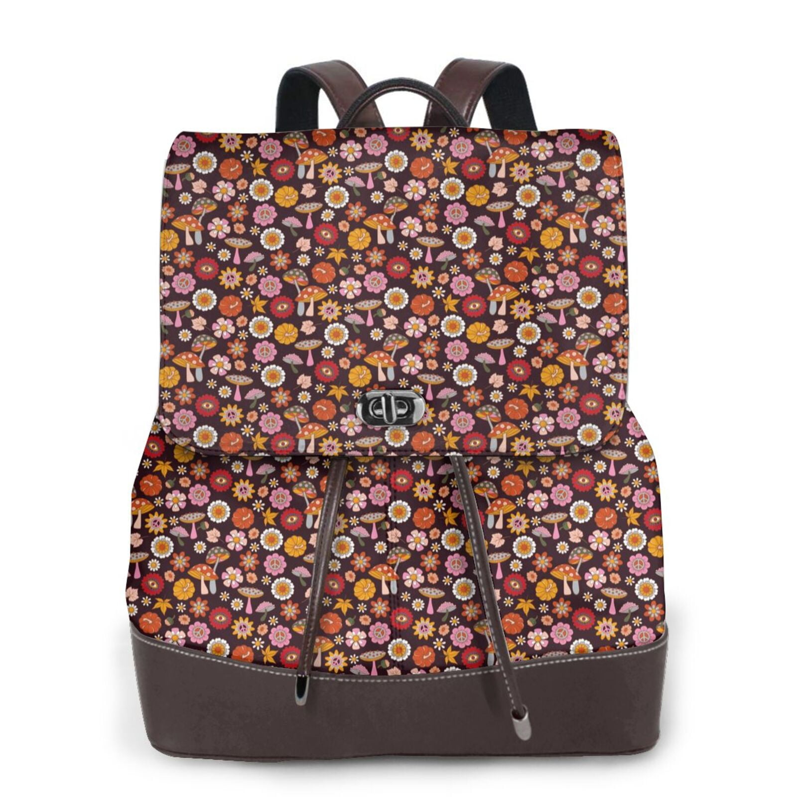 KLL 70s Groovy Hippie Retro Print Leather Backpack,PU Leather Laptop ...