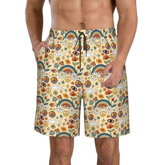 KLL 70s Hippie Style Men's Casual Summer Beach Shorts Hawaiian Shorts with Pockets-Small