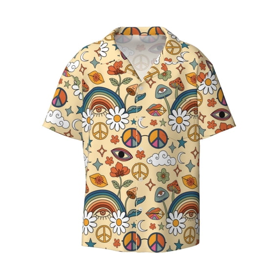 KLL 70s Hippie Style Print Men's Shirt Short Sleeve Button Down Summer Cuba Beach Shirts- Large