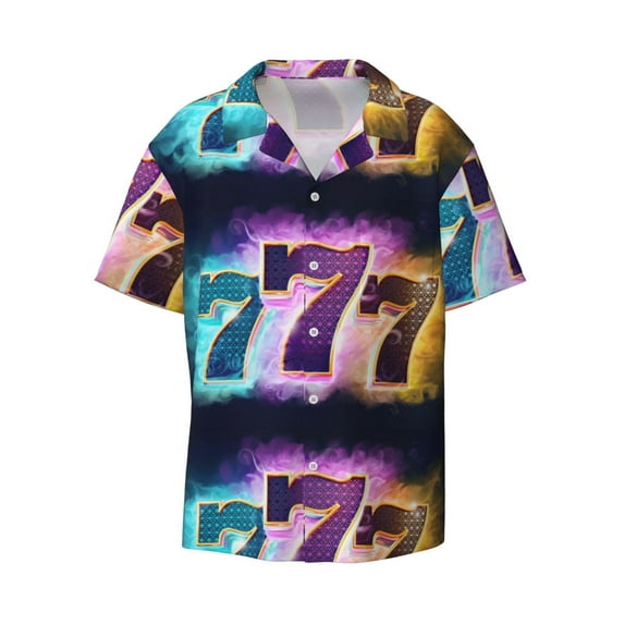 KLL 777 Print Men's Shirt Short Sleeve Button Down Summer Cuba Beach Shirts- Medium