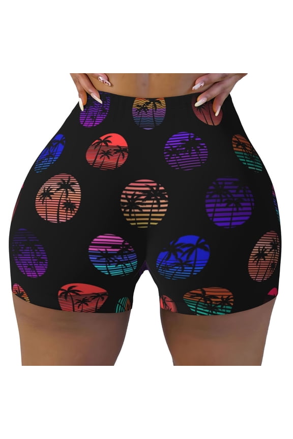 80s Style Palm Trees Pattern Workout Shorts for Women Scrunch Short Gym Yoga Running Sport Active Exercise Fitness Shorts