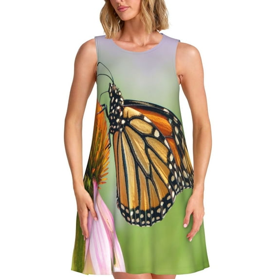 KLL A monarch butterfly Pattern Womens Summer Dresses 2025,Loose Round Neck Sleeveless Sundresses Tank Dresses with Pockets