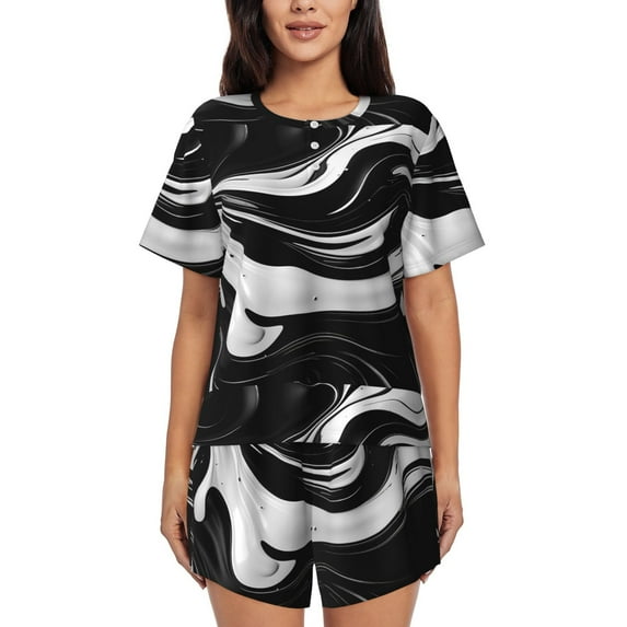 KLL Abstract Black White Swirls Print Pajama Set for Women Short Sleeve Sleepwear Pjs Soft 2 Piece Lounge Sleepwear Sets-Small