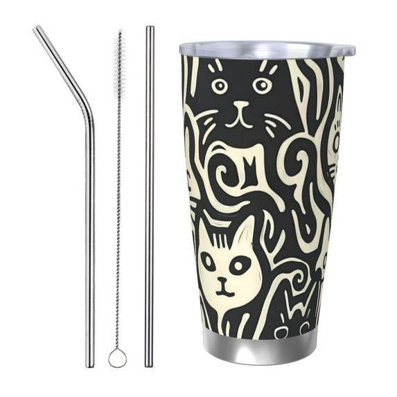 KLL Abstract Cat Faces Pattern Print 40oz Stainless Steel Insulated Car Cup with Spillproof Lid - Keep Your Drink Hot or Cold on the Go-Straw Three-piece Set