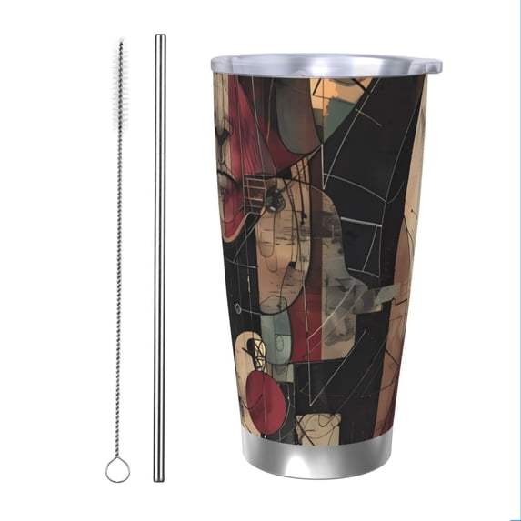 KLL Abstract Geometric Faces Print 40oz Stainless Steel Insulated Car Cup with Spillproof Lid - Keep Your Drink Hot or Cold on the Go-Straw Two-piece Set