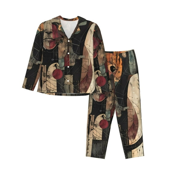 KLL Abstract Geometric Faces Print Women's Long Sleeve Pajamas with Pants Sleepwear Loungewear 2 Set-Small